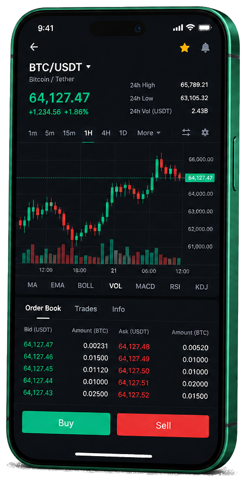Dinamora Bitex mobile trading platform — live BTC/USDT chart, order book and buy/sell interface